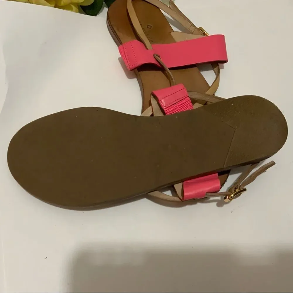 Kate Spade NY Sz 7 M Ashley Coral Leather Toe Ring Back Strap Flat Sandal